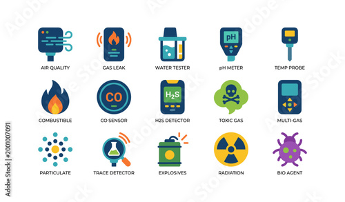 Gas and hazard detectors arranged with labels on white background
