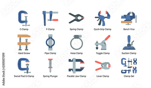 Clamps and vices arranged with labels on white background