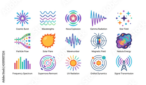 Space icons representing astrophysics concepts on white background