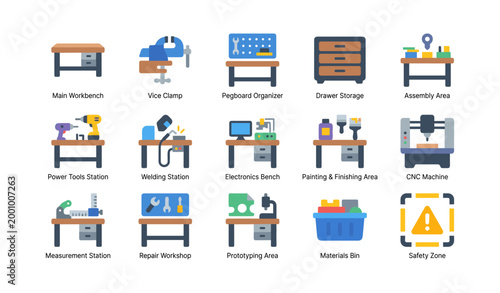 Workshop stations icons showing labeled workbenches and tools