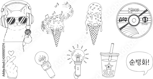 Cute Cats with Headphones, Music, and Ice Cream Doodle Line Art Vector Illustration Set