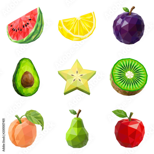 A vibrant collection of low-poly geometric vector fruit illustrations, showcasing diverse healthy food designs for various graphic projects and culinary themes.