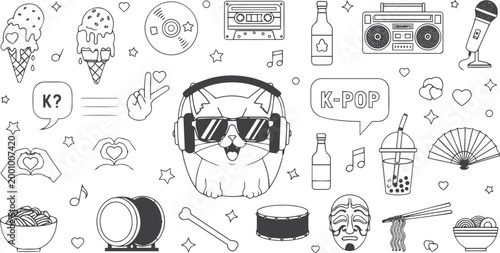 Cute Cats with Headphones, Music, and Ice Cream Doodle Line Art Vector Illustration Set