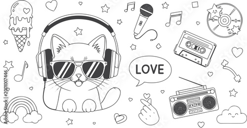 Cute Cats with Headphones, Music, and Ice Cream Doodle Line Art Vector Illustration Set