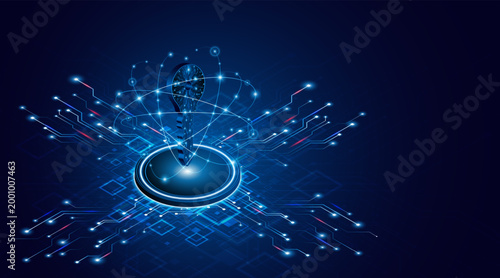 Digital key on a futuristic circuit board background. Symbolizes cybersecurity, data encryption, and advanced network protection systems.