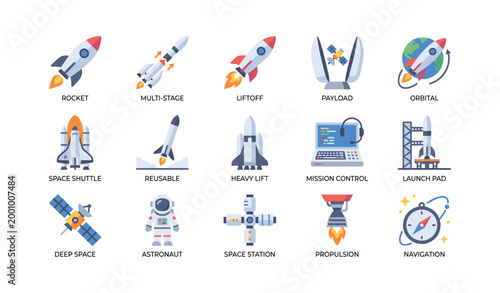 Space exploration and rocket icons arranged in white grid