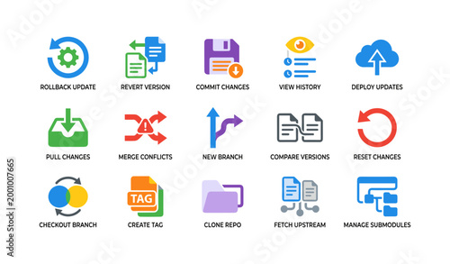 Version control icons showing repository operations on white