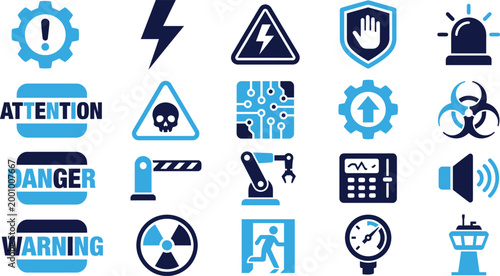Industrial safety warning signs and symbols set hazardous danger attention and caution icons.