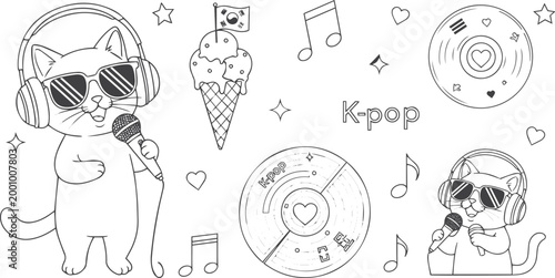 Cute Cats with Headphones, Music, and Ice Cream Doodle Line Art Vector Illustration Set