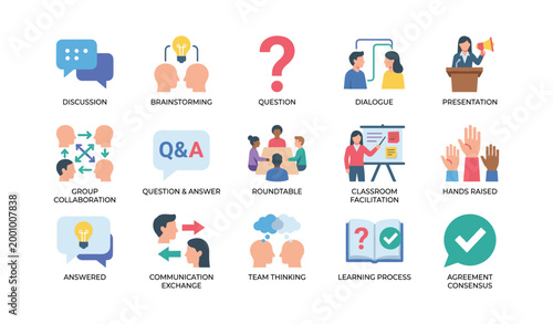 Communication icons showing discussion and collaboration on white