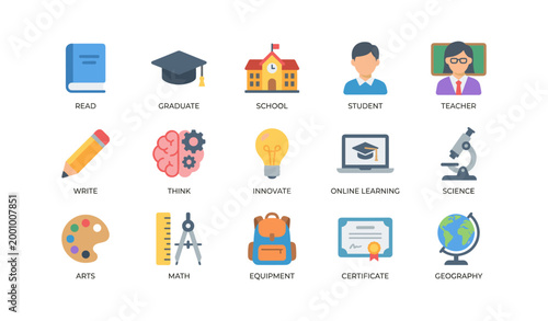 Education icons of school subjects and tools on white