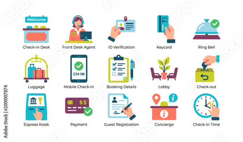 Hotel check in service icons showing desk and processes in grid layout