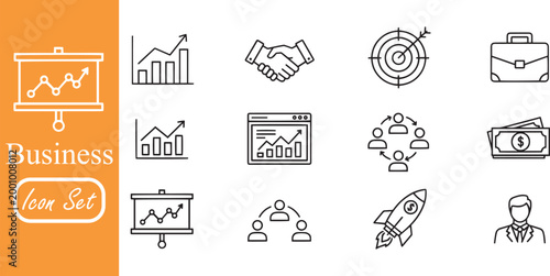 Business Icon Set: Corporate Strategy, Financial Growth, Marketing Success, Teamwork, Startup Launch, and Professional Management Vector Line Icons for Web and UI DesignBusiness Icon Set: Corporate St