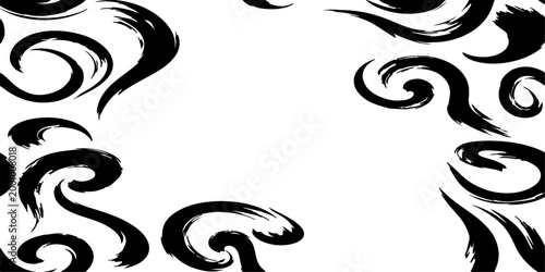 A seamless vector pattern featuring dynamic, smooth black brush strokes on a clean background. The strokes should form abstract, elegant swirls.