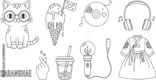 Cute Cats with Headphones, Music, and Ice Cream Doodle Line Art Vector Illustration Set