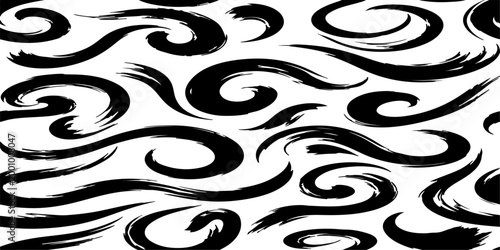 A seamless vector pattern featuring dynamic, smooth black brush strokes on a clean background. The strokes should form abstract, elegant swirls.