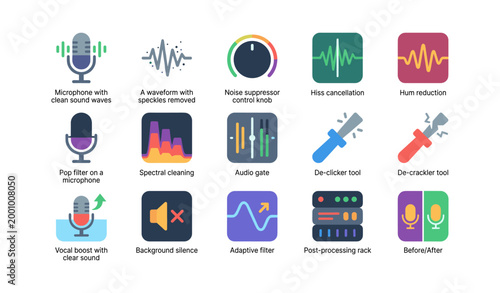 Audio tools illustrating noise reduction and processing icons