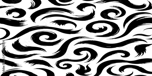 A seamless vector pattern featuring dynamic, smooth black brush strokes on a clean background. The strokes should form abstract, elegant swirls.