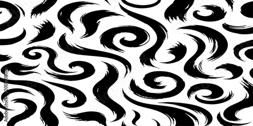 A seamless vector pattern featuring dynamic, smooth black brush strokes on a clean background. The strokes should form abstract, elegant swirls.