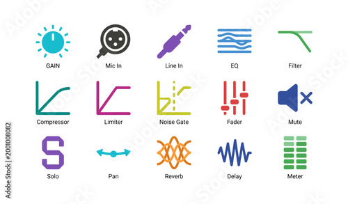 Audio mixing icons showing signal processing controls on white background