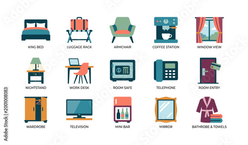 Hotel room amenity icons showing in room facilities on white background
