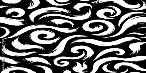 A seamless vector pattern featuring dynamic, smooth black brush strokes on a clean background. The strokes should form abstract, elegant swirls.