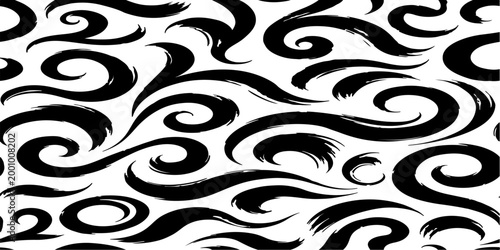 A seamless vector pattern featuring dynamic, smooth black brush strokes on a clean background. The strokes should form abstract, elegant swirls.