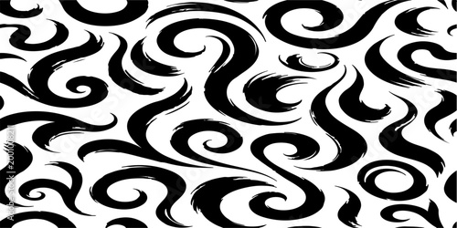 A seamless vector pattern featuring dynamic, smooth black brush strokes on a clean background. The strokes should form abstract, elegant swirls.