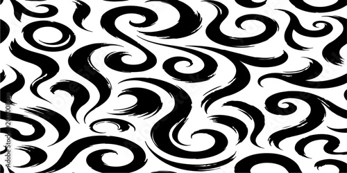 A seamless vector pattern featuring dynamic, smooth black brush strokes on a clean background. The strokes should form abstract, elegant swirls.