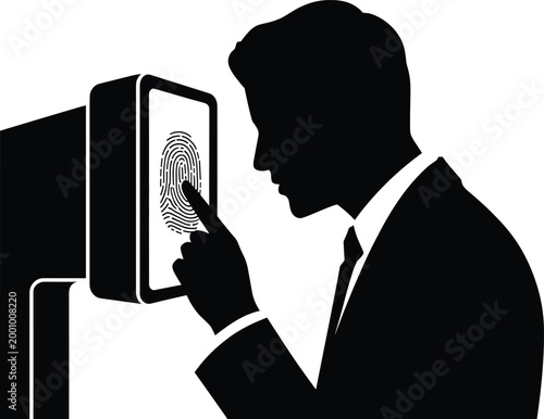 silhouette, man, suit, fingerprint, biometric, scanning, security, authentication, identification, technology, device, scre Silhouette of a man in a suit scanning his fingerprint on a biometric device