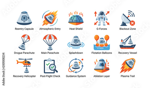 Spacecraft reentry icons depicting recovery stages on white background