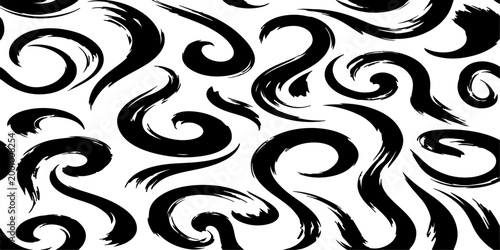 A seamless vector pattern featuring dynamic, smooth black brush strokes on a clean background. The strokes should form abstract, elegant swirls.