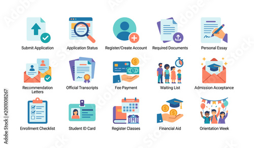 College admission and enrollment process icons arranged in grid