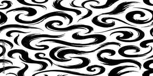 A seamless vector pattern featuring dynamic, smooth black brush strokes on a clean background. The strokes should form abstract, elegant swirls.
