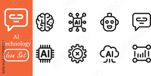 AI Technology Icon Set: Artificial Intelligence, Machine Learning, Chatbot, Neural Network, Digital Brain, Cloud AI, Processor, and Automation Vector Icons for Future Tech.