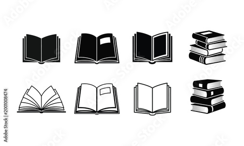 Black silhouette book icons a collection of open and stacked books
