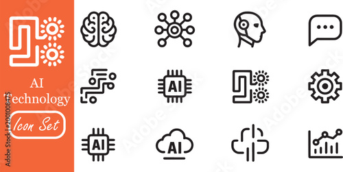 AI Technology Icon Set including Artificial Intelligence Brain, Robot Head, Neural Network, AI Chip, Cloud Computing, Machine Learning, and Data Analytics Vector Line Icons