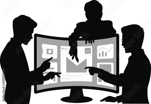 men, silhouettes, computer, monitor, screen, discussion, teamwork, collaboration, business, office, presentation,  Silhouette of three men discussing in front of a computer monitor, pointing at screen