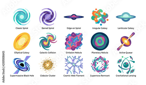 Collection of colorful galaxy and nebula icons on white background