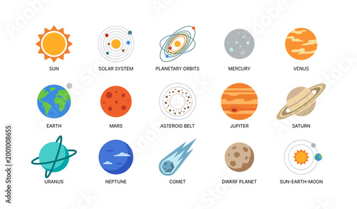 Solar system and planet icons arranged in grid on white background