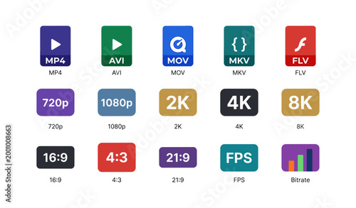 Video format and resolution icons arranged in grid on white background