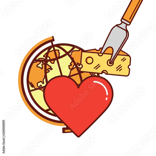 A heart symbol in front of a globe with a slice of cheese being cut by a knife.