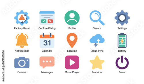 Interface icons for common app functions on white background
