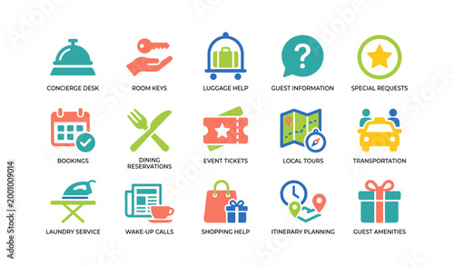Hotel concierge icons showing guest services and amenities