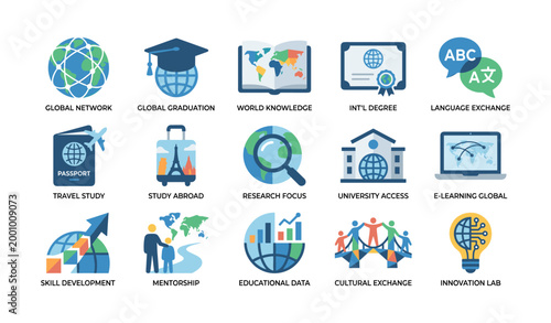 Global education icons showing study and learning symbols on white
