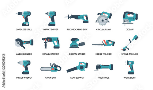 Power tool icons showing various handheld construction tools on white