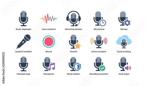 Microphone icons displaying recording and podcast functions on white
