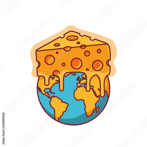 A slice of melting cheese is dripping over the planet Earth, symbolizing a cheesy world.