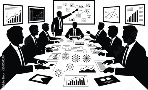 businessmen, meeting, office, graphs, charts, discussion, presentation, conference, table, suits, ties, papers, documents, whiteb Businessmen in a meeting, discussing graphs and charts, office setting