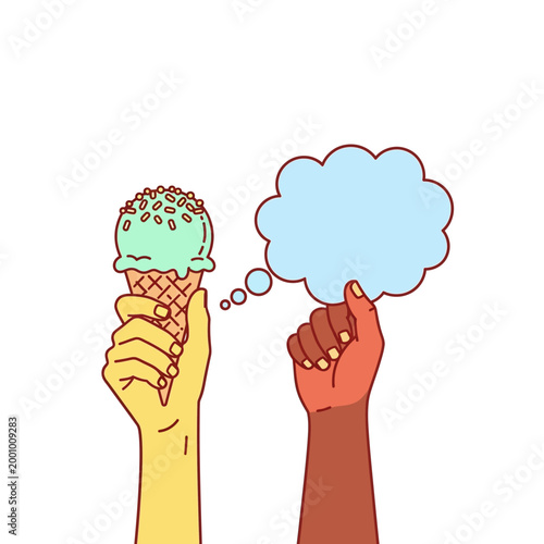 Two hands, one holding an ice cream cone and the other a speech bubble, symbolizing communication and enjoyment.